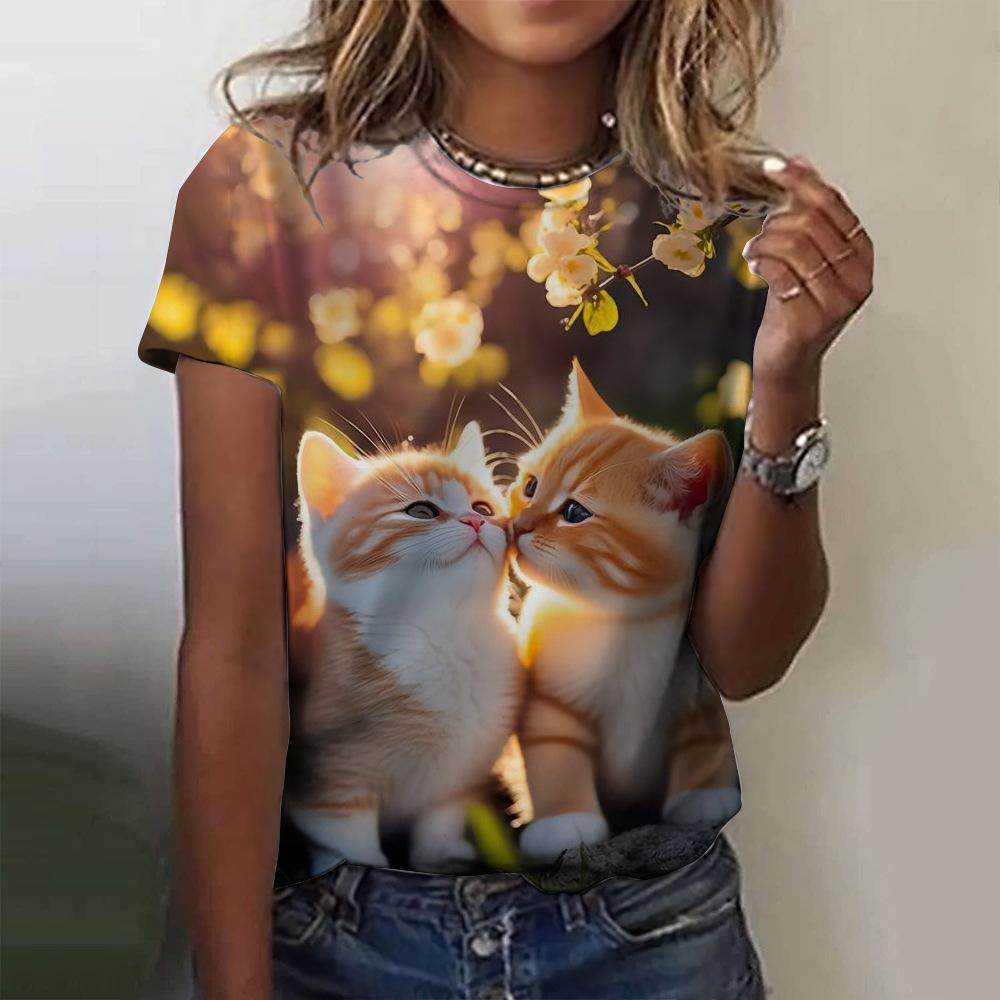 T-shirt Fashion Casual Women's Top Printed Animal Women's T-shirt 3D Cat Clothing Design Summer Short Sleeved Shirt