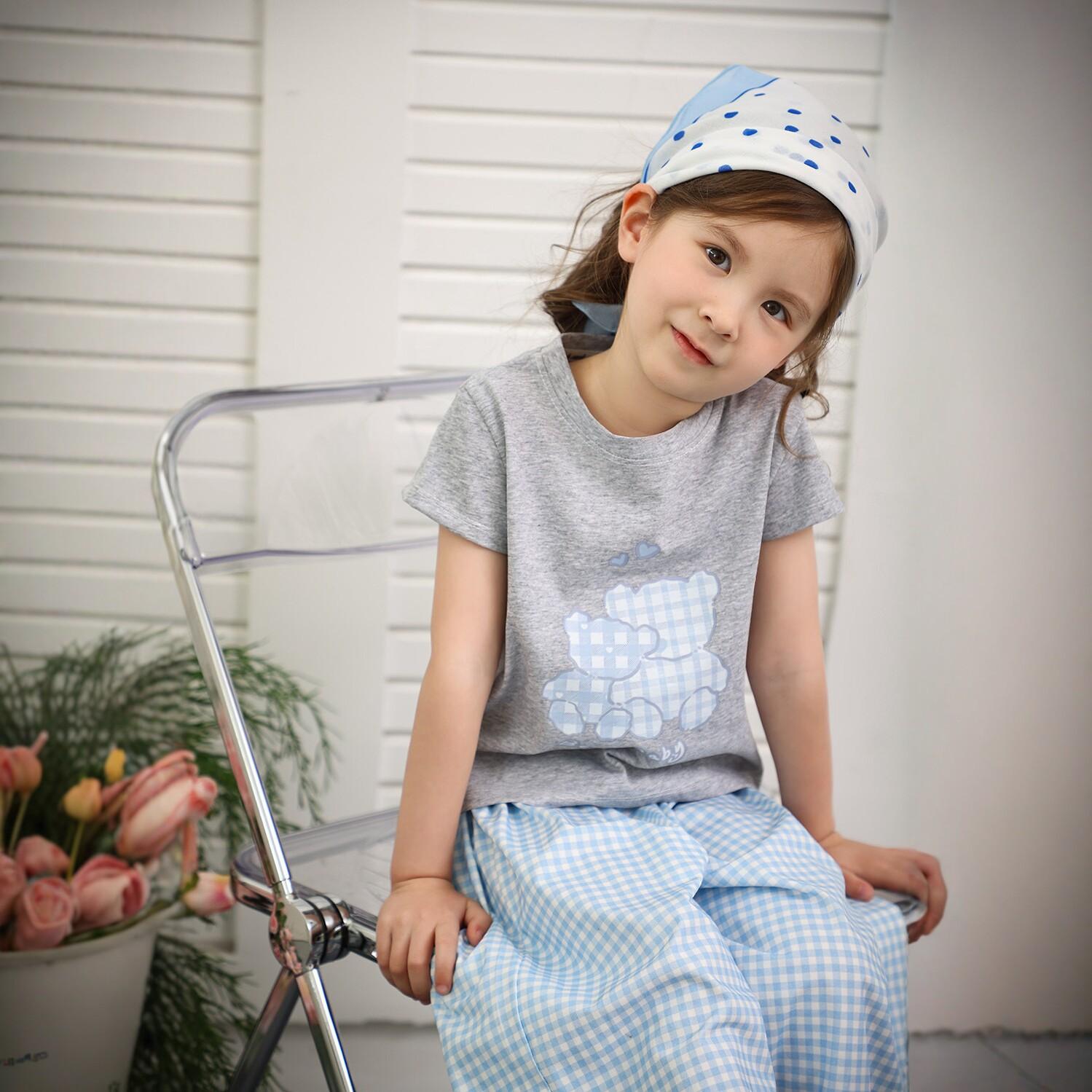 

Girls Summer New Pure Cotton Setcheckered Wide Leg Pants Two-piece Korean Version Casual Cute Baby Clothes 90cm синий