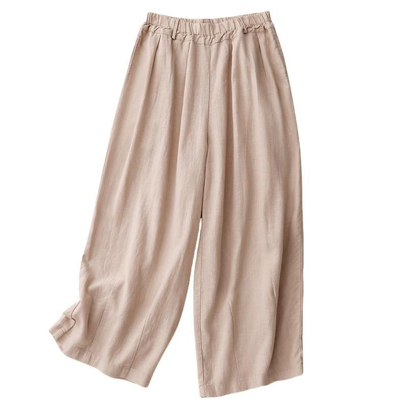 

2025 summer new literary and versatile solid color cotton and linen casual pants women s loose and thin elastic waist wide leg long pants 2XL хакі