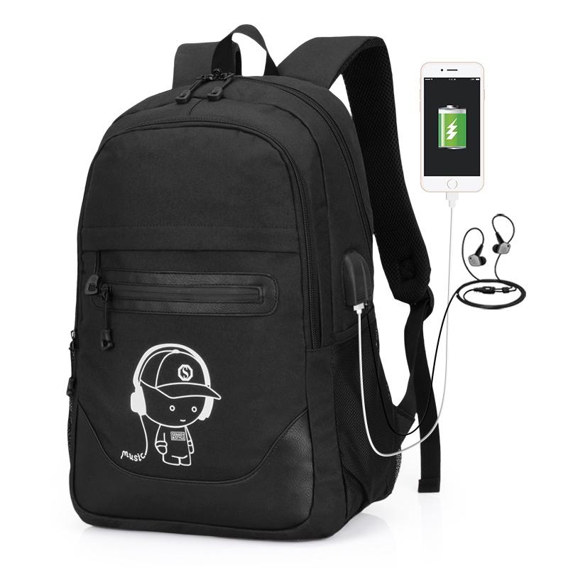 Cute Cartoon Printed Night Luminous Waterproof Laptop Backpack With Usb Charging