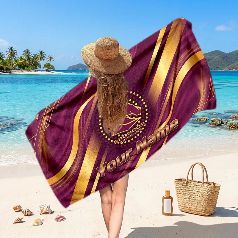 Brisbane Broncos Customized Name Text Beach Towel, Soft Absorbent Towel Beach Pool Travel Personal Gift