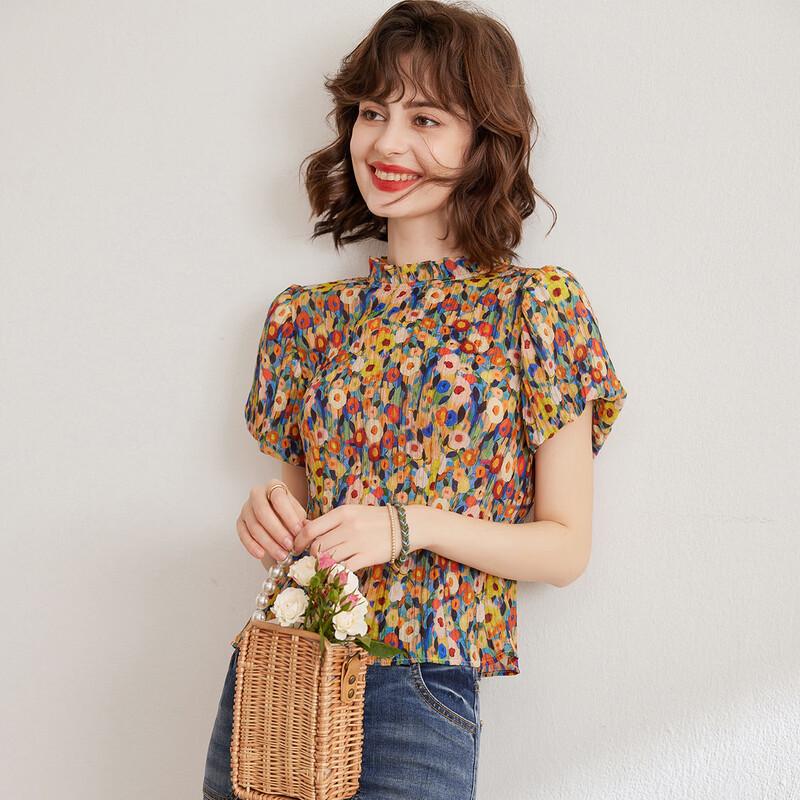 Women s French Puff Sleeve Floral Blouse L
