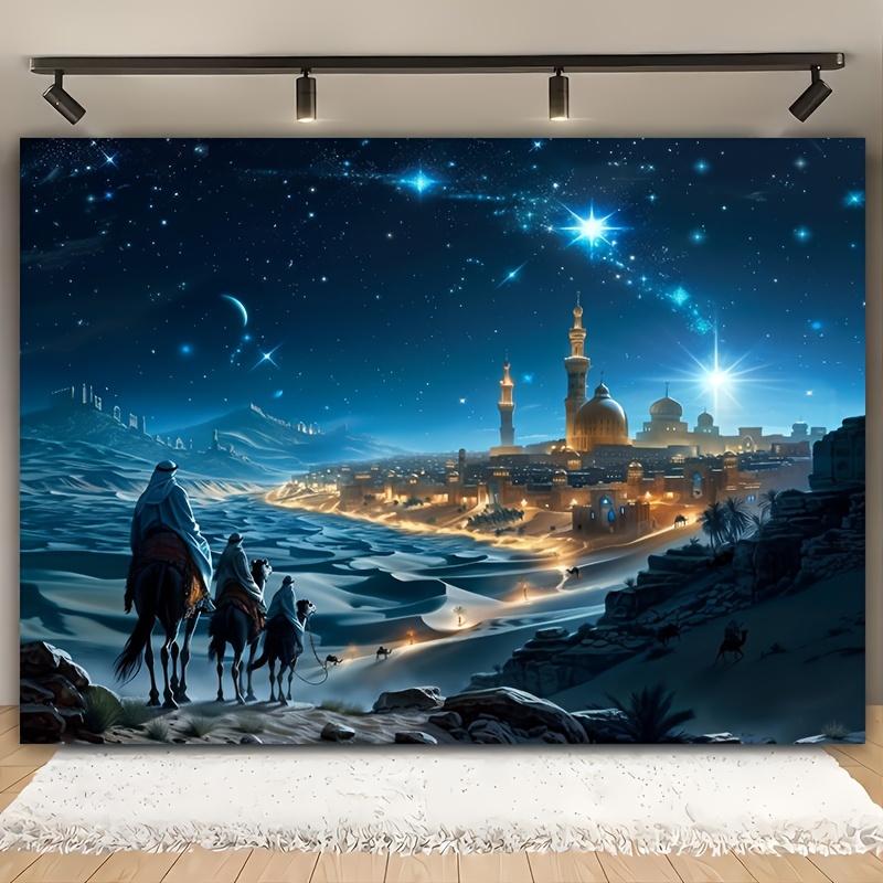 Merry Christmas Tapestry - Festive Castle Desert and Camel Patterns Starry Night View Blue Accents Polyester Material