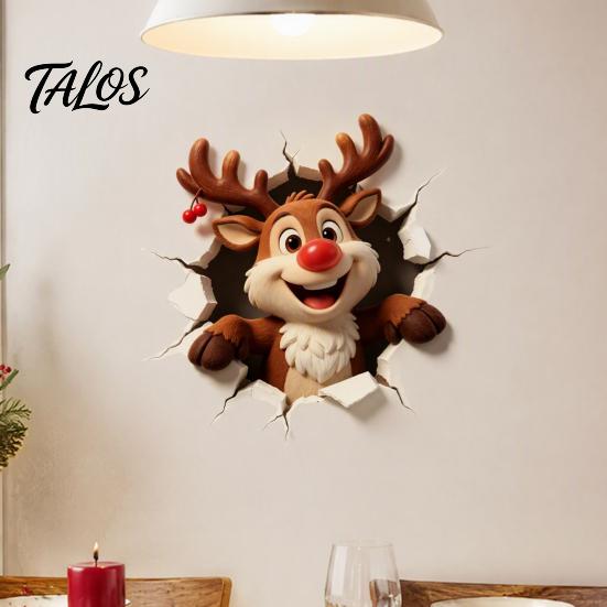 Christmas Party Supplies Reindeer Wall Decal, 3D Hole Illusion Red Nose Rudolph Sticker, Durable PVC Stickers Peel And Stick Waterproof Decor for Kids
