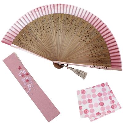 Elegante Set de Abanico de Negocios con Estuche y Pañuelo Sakura Mai [Osaka Choseido] para Mujer - (Rosado)