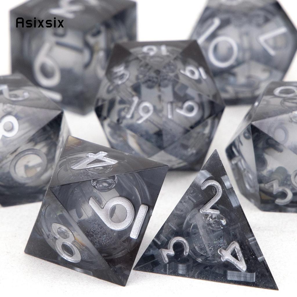 7 szt. Czarna żywica płynący piasek biały numer ostre krawędzie kostki kości wielościenne odpowiednie do gry planszowej RPG
