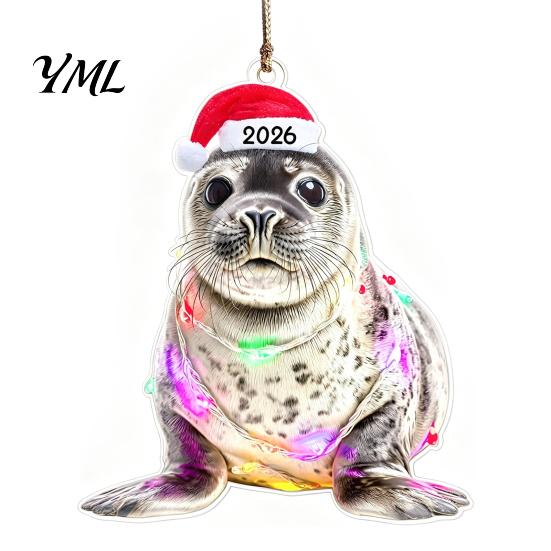 Decorative Animal Figurines for Home Christmas Hanging Ornaments with Lanyard, Cute Double Sided Pendant 2026 Themed Holiday Decorations Santa Hat, 2D