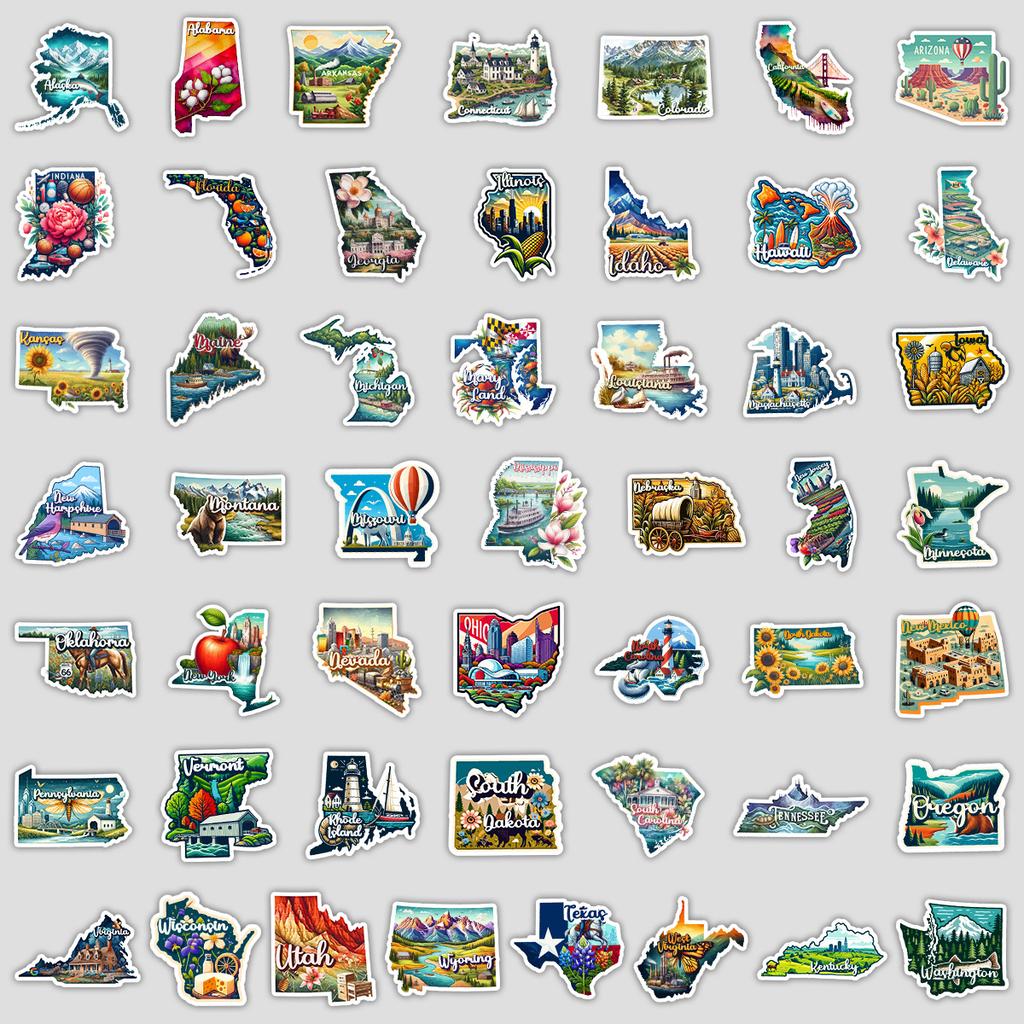 50 Blatt Staaten Clipart Graffiti Aufkleber, Wasserbecher, Computer Wasserdichte Dekorationsaufkleber, Kreative Schreibwaren Aufkleber