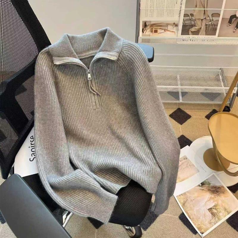 Real Shot Retro Lazy Wool Zipper Knitted Sweater Autumn and Winter New Crew Neck Sweater Top Tide