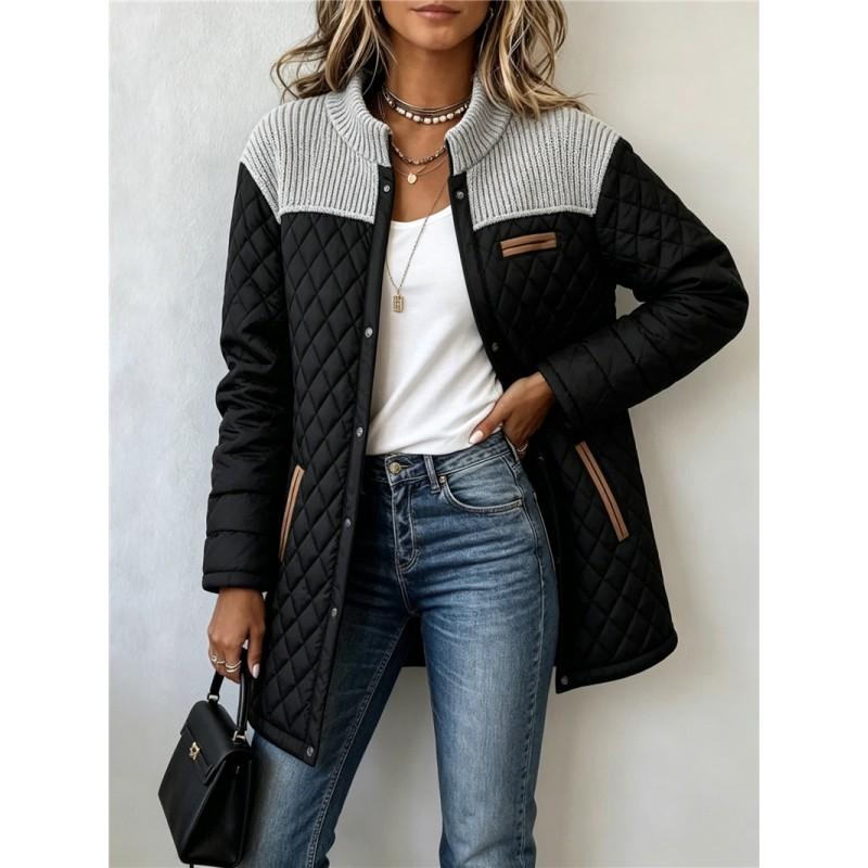 Womens Patchwork Cuff Loose Quilted Cotton Jacket Street Style Casual Winter Coat