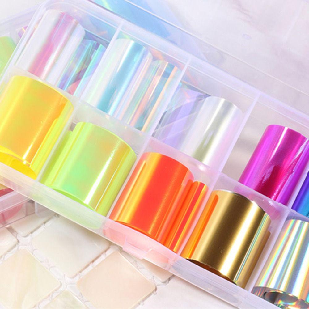 Iridescent Nail Art Stickers 10 Rolls Laser Glass Nail Foils Hot Transfer Decals DIY Manicure