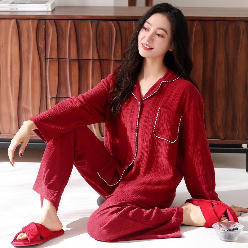 Double-layer cotton yarn baby pure cotton red pajamas couple men and women's pajamas wedding newlywed couple set cotton and linen