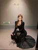Elegant Plus Size French Style Black Mesh Fishtail Dress with Inner Long Skirt