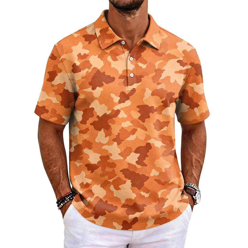 Men's Camouflage Polo Shirt Slim Fit Short Sleeve Business Casual Collar Buttoned Front Breathable Fabric Lightweight Design