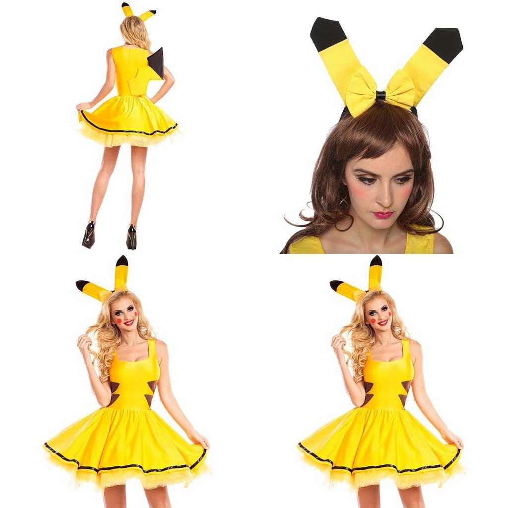 Cadılar Bayramı Kutlamaları İçin Tül Detaylı Muhteşem Sarı Pokemon Pikachu Kadın Elbise Kostümü