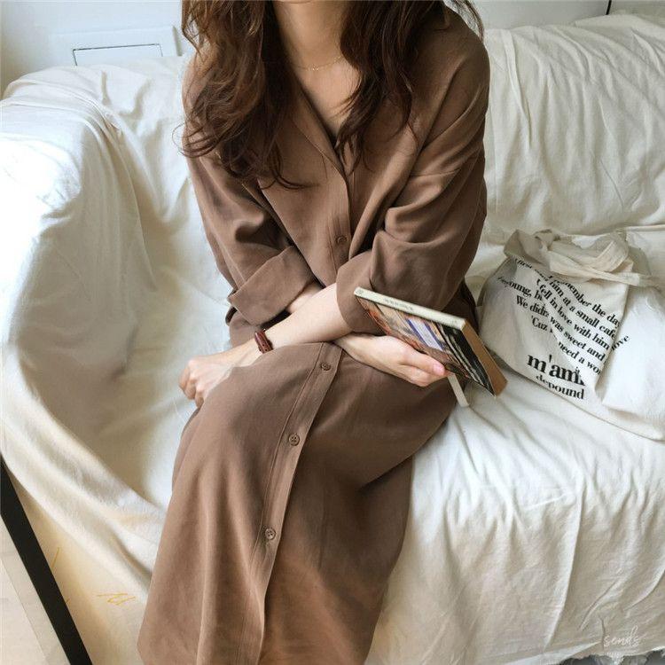 Tie-Waist Shirt Dress Women's Solid Color Skirt Spring Korean Style Loose Student French Lady Fashionable Dress