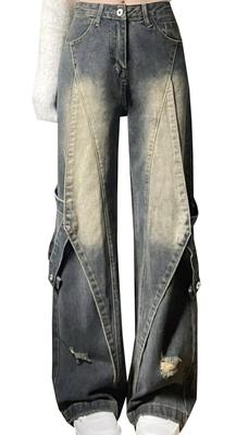 [A Q P K W A] Women's Wide Leg Denim Long Pants, Distressed Stretch Gaucho Pants, Loose Fit, Korean Street Style, Blue, Size L