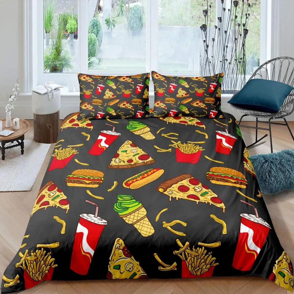 Americké Rychlé Občerstvení Sada Povlaku na Peřinu Velikost Full Polyester Pizza Hotdog Hamburger Potisk Ložní Sada Hranolky Kreslený Povlak na Přikrývku