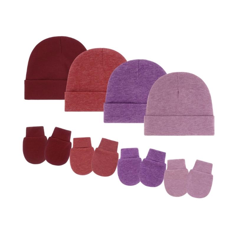 4 Set Baby Bonnet Cap Feature Foldable Edge with Mittens Cotton Fabric Gentle On Sensitive Skin Multiple Color Available