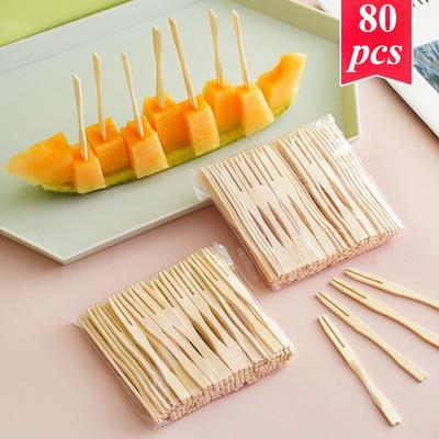 80pcs/bag Bamboo Disposable Wooden Fruit Fork Salad Dessert Cocktail Family Party Birthday Wedding Tableware Decorative Supplies