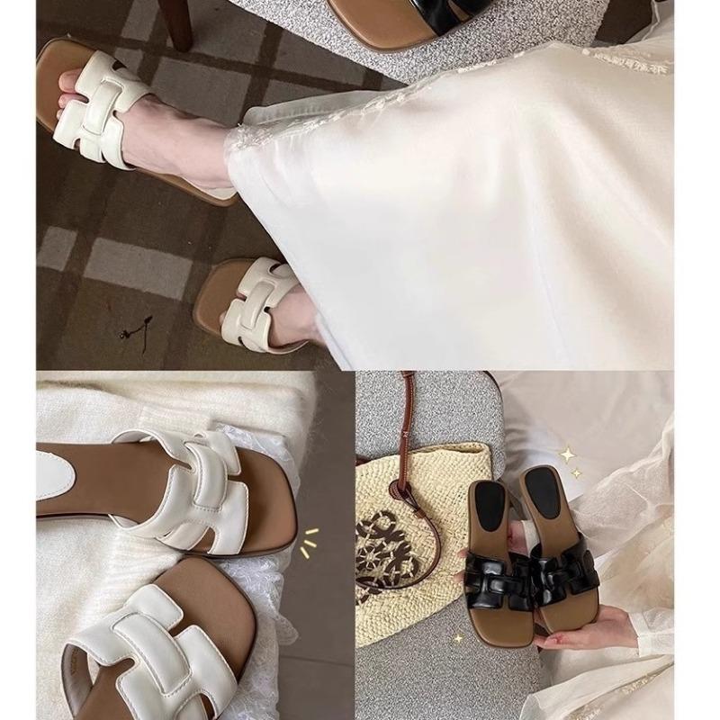 Cowhide version~ summer new cool slippers woven niche outer wear flat bottom casual versatile one-word drag