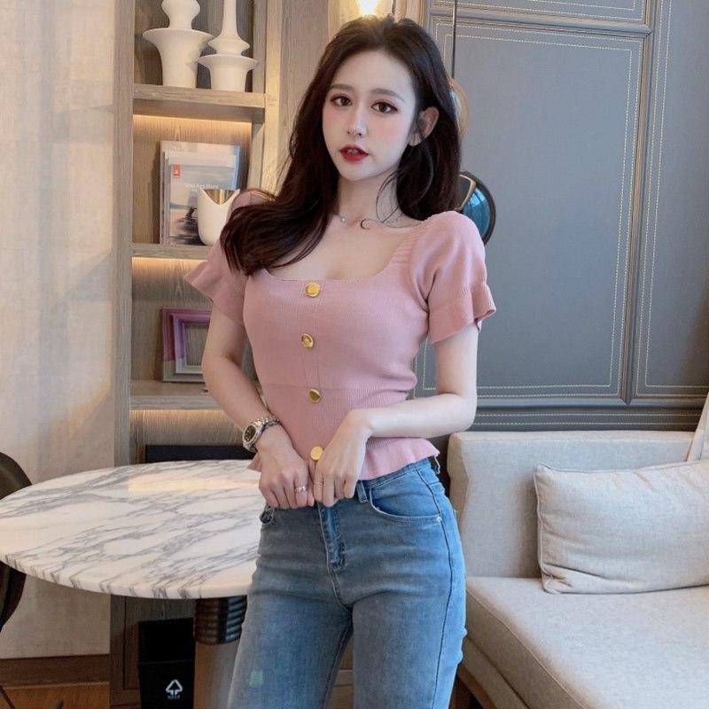 Women Summer Knitted T-shirt Tops Square Collar Short-sleeved Slim Ruffled Ice Silk Outer Wear Short Solid