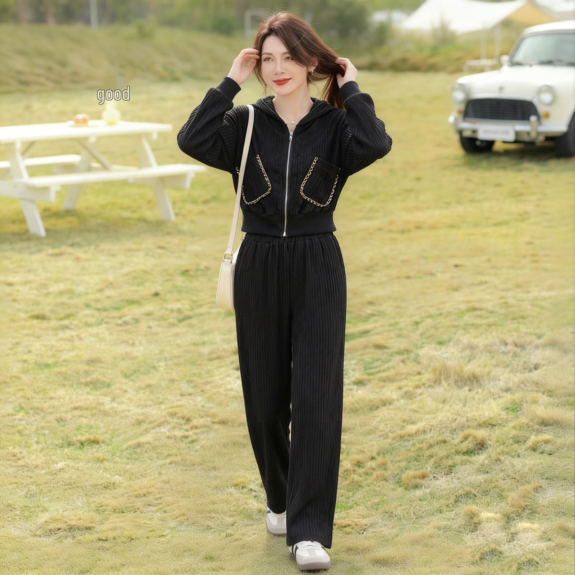 

2026 Spring/Autumn Korean-Style Fashion Set: Relaxed Wide-Leg Pants & Top L чорний