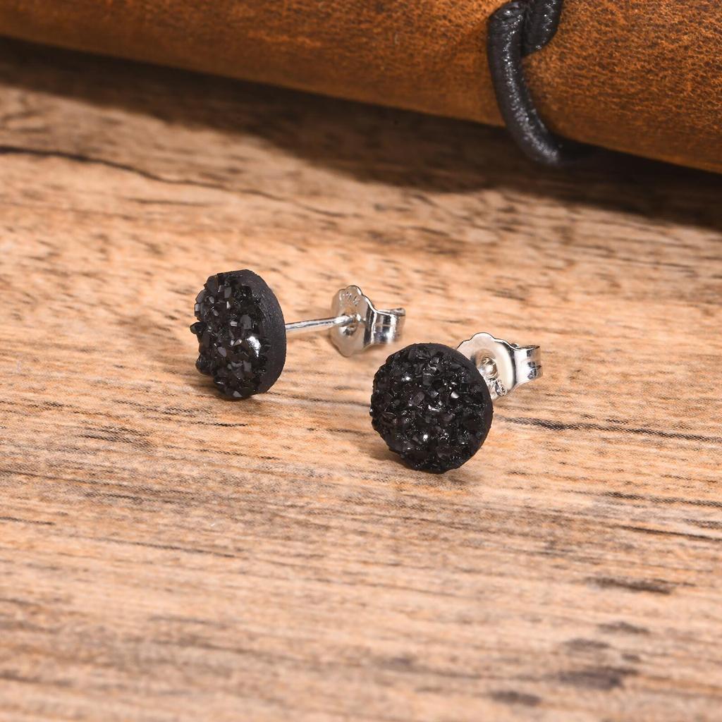 S925 Nadel Kristall Cluster Ohrstecker für Männer Jungen, Einfache Rock Punk Hiphop Schwarze Runde Ohrstecker 6/8/10mm, Schmuckgeschenke für Männer