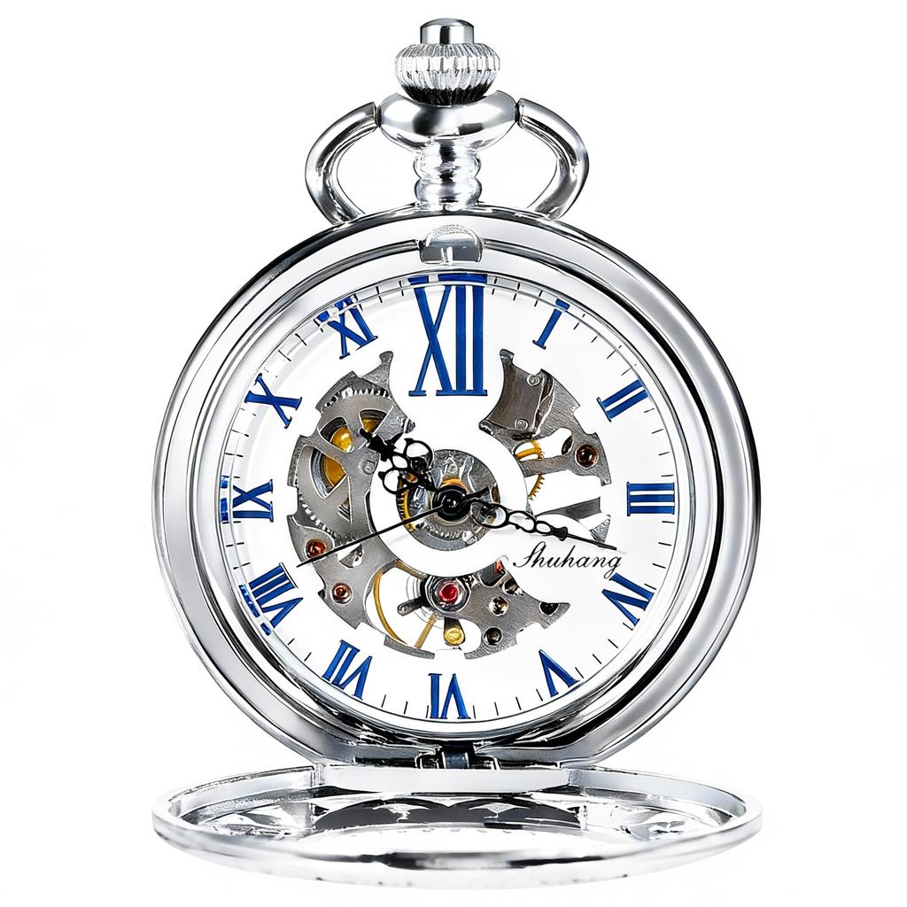 TREEWETO Mechanical Pocket Silver Flower Roman Numerals Watch, Hollow, Vine, Skeleton,