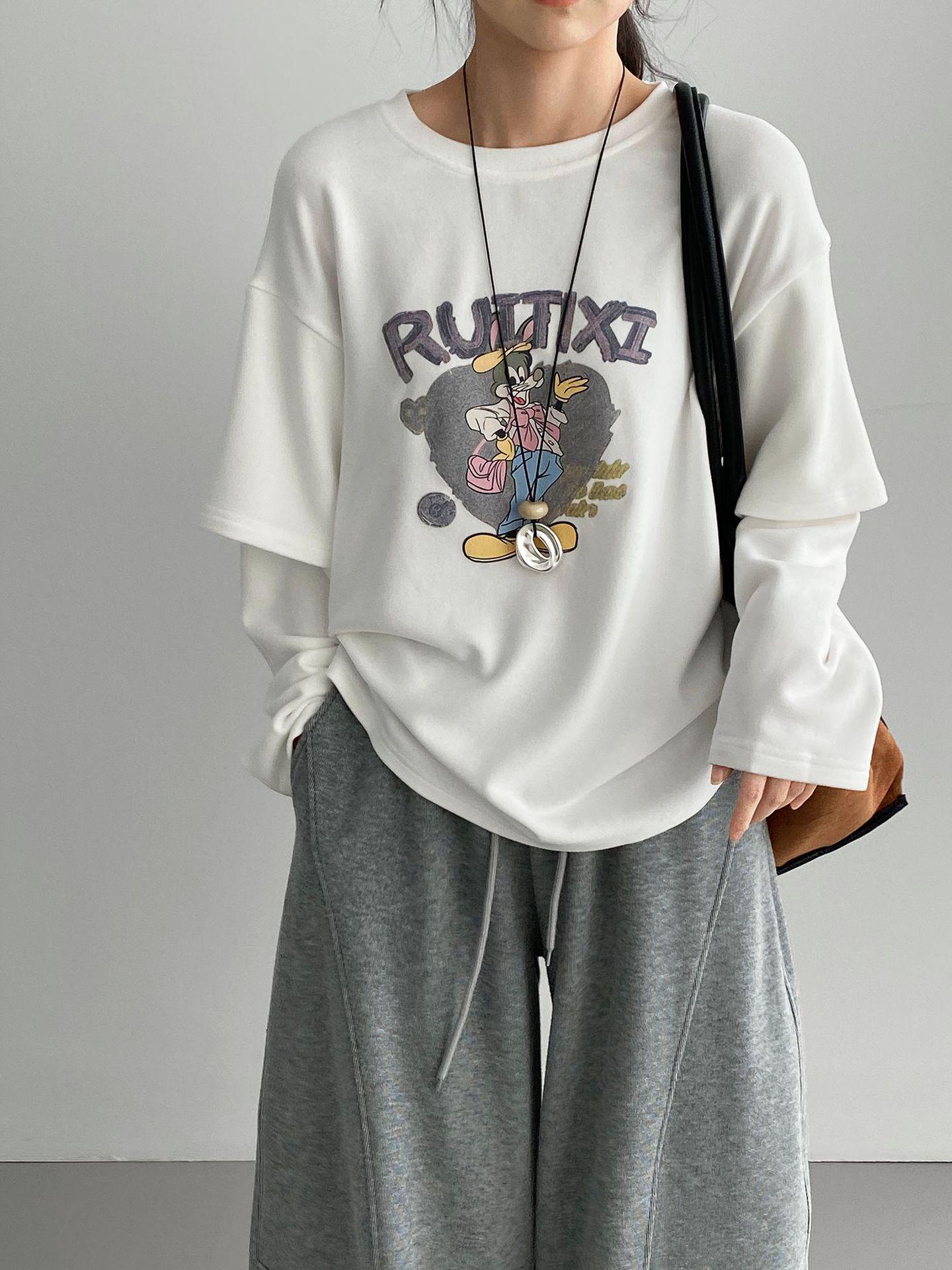Women s Korean-Style Cartoon Layered Long Sleeve T-Shirt, E3327 One Size белый