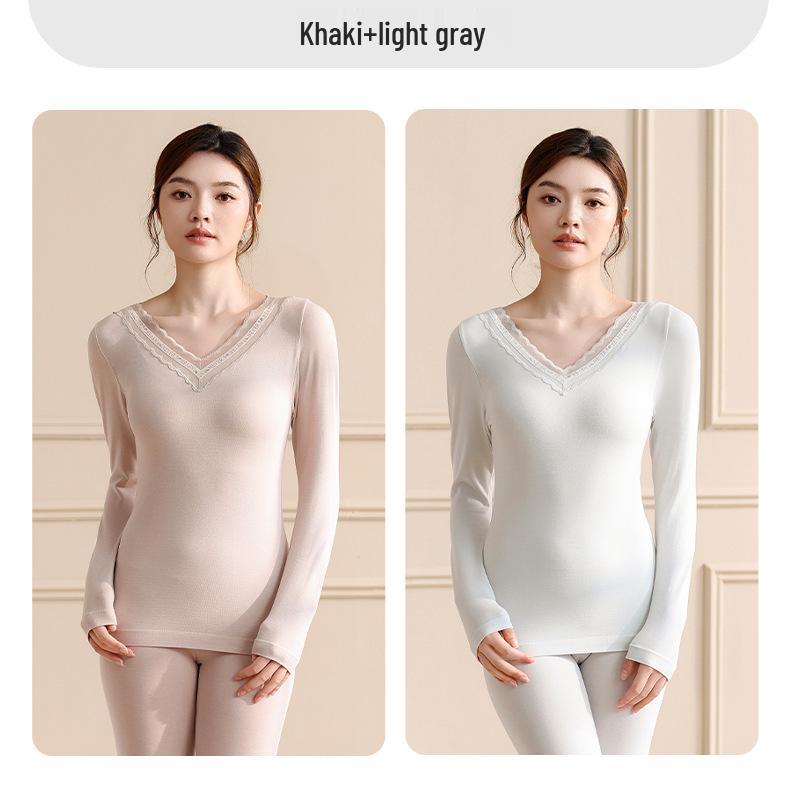 Women's Lace V-Neck Thermal Underwear Set - Slimming, Shaping, Heat-Generating Cotton