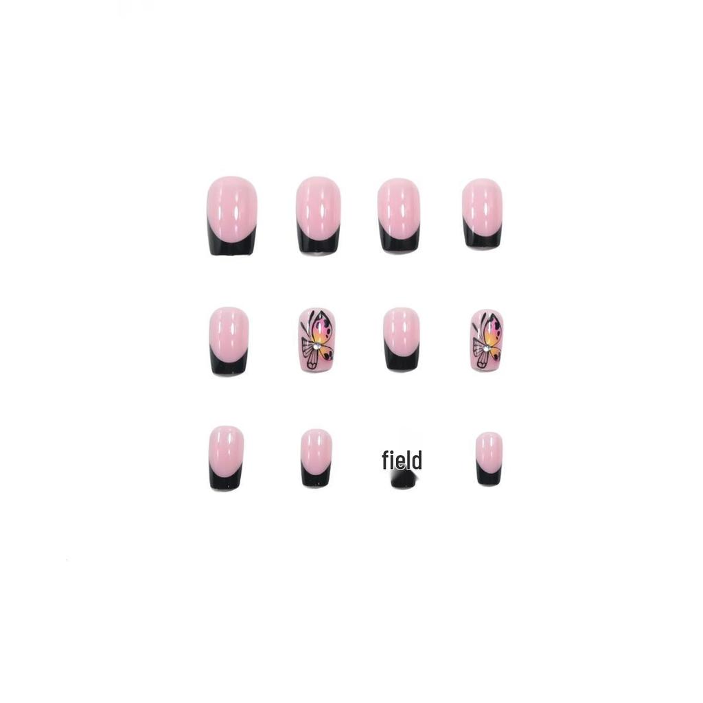 Butterfly Rhinestone Black Pink Medium Press-On Nails - Y2K French Style