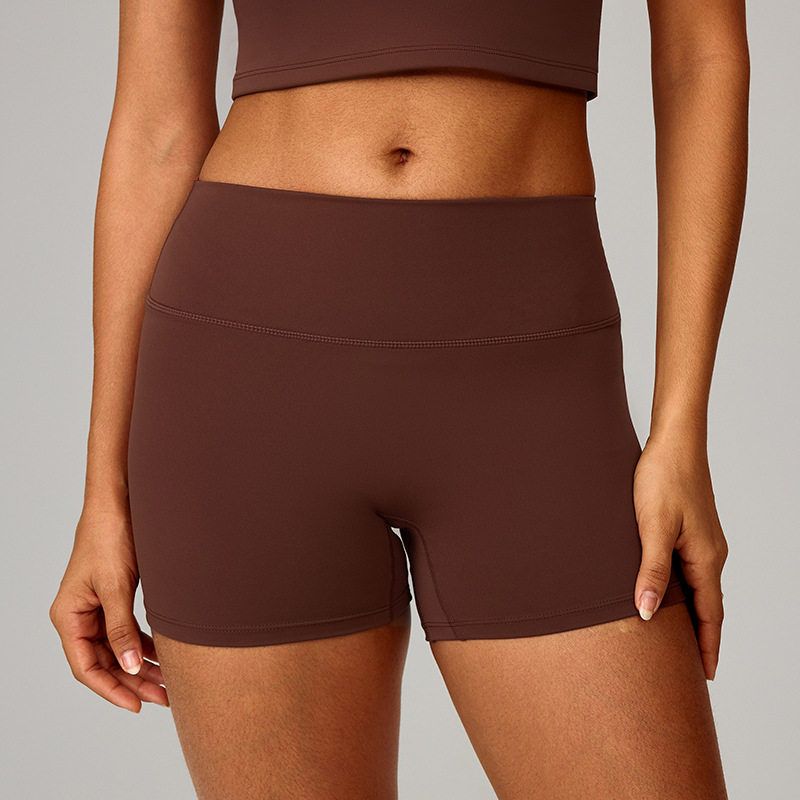 

European and American Style Brushed Tight Yoga Shorts for Women, High-Waisted Tummy Control Fitness Shorts, Butt-Lifting Running Sports Shorts 8519 Chocolate Brown S