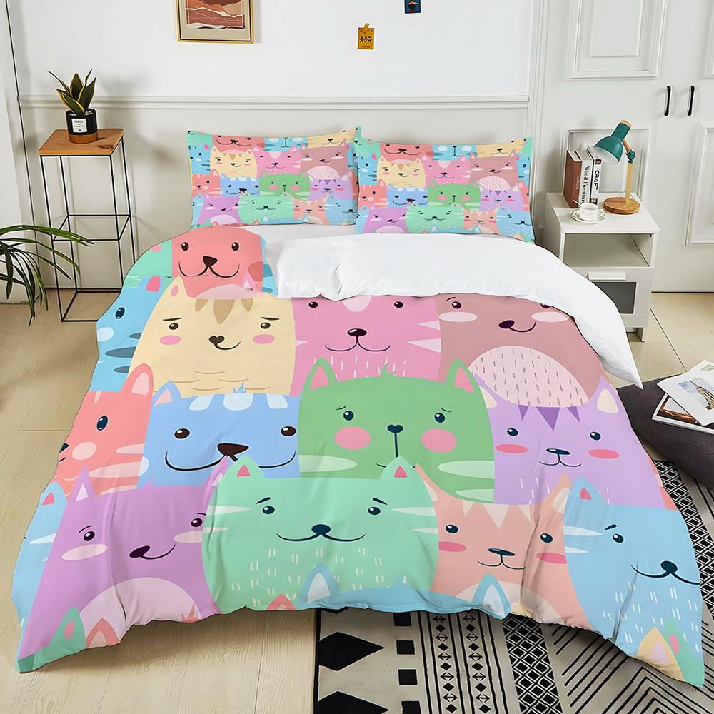 Cute Colorful Cat Illustration Print Bedding Set 1 Duvet Cover 2 Pillowcases for Adult and Children Luxury Gift Full Size