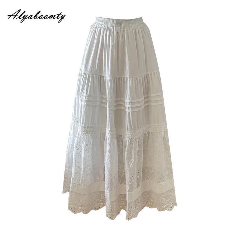 Fustă Midi Chic Coreeană de Primăvară Vară pentru Femei, Talie Elastică, Negru Alb, Broderie Florală, Fustă Ajurată, Elegantă, Feminină, de Petrecere, Fuste de Zână