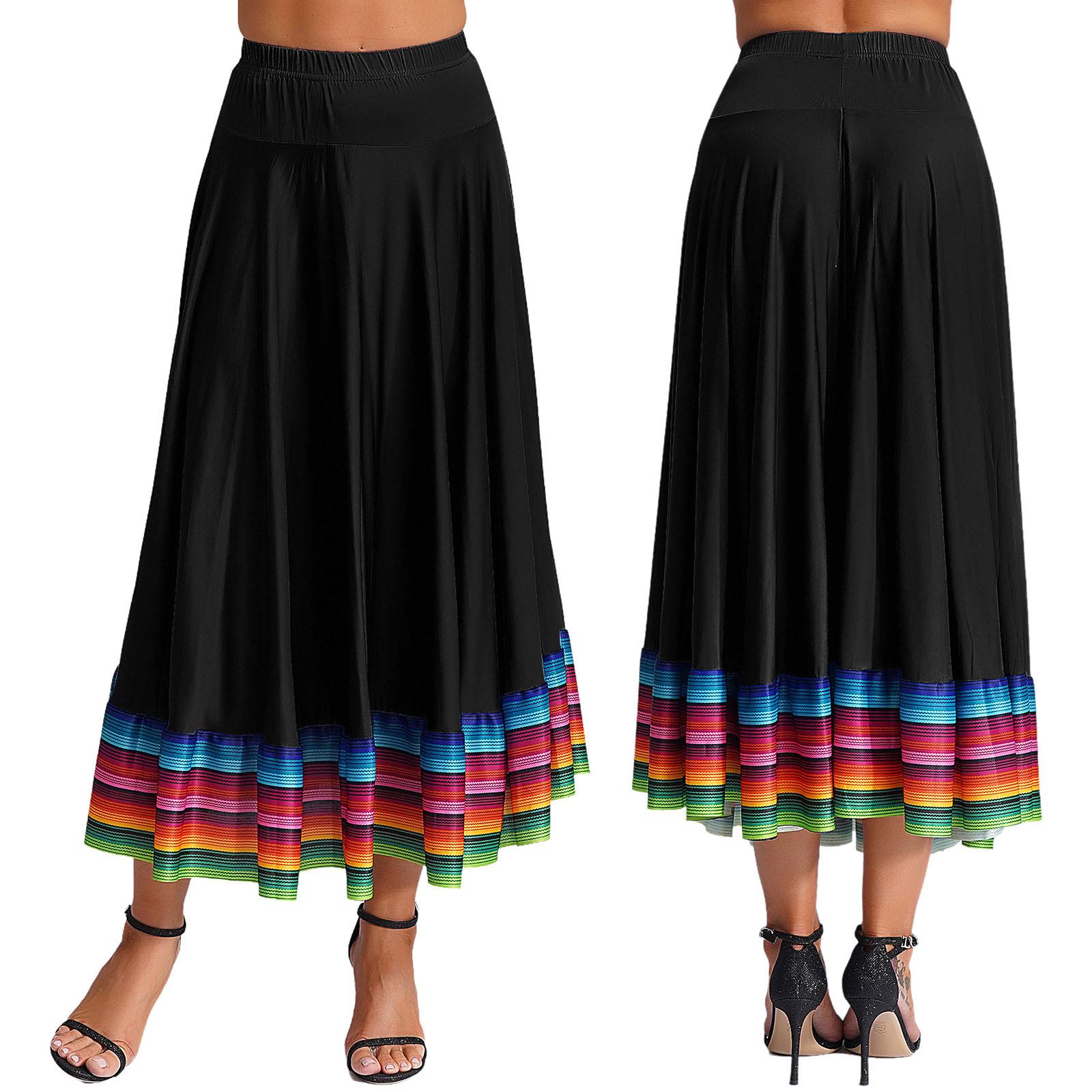 

Womens Colorful Stripe Hem Skirt Elastic Waistband Flamenco Ballroom Dance Folk Dancing Stage Performance Skirt 3XL
