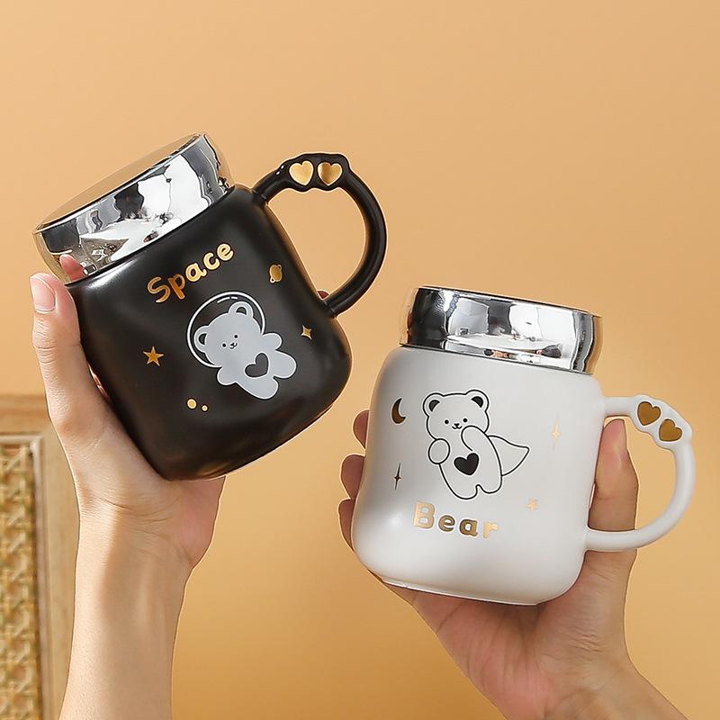 Par Keramisk Kopp med Lokk Speilkopp Søt Bjørn Krus Jente Stor Kapasitet Vannkopp Studentkopp