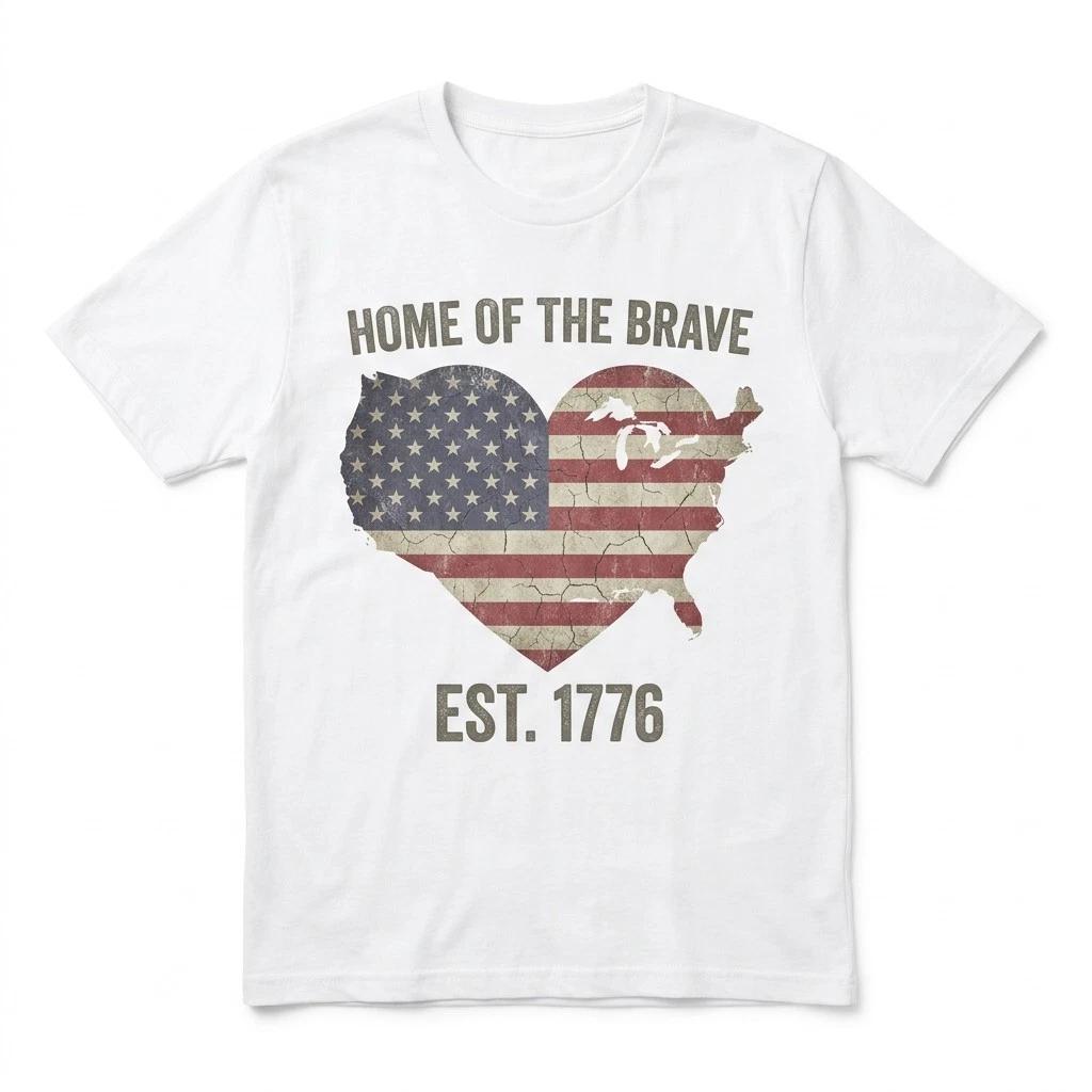 Home of the Brave EST 1776 Patriotic T-Shirt - American Flag Heart USA Map Tee XL