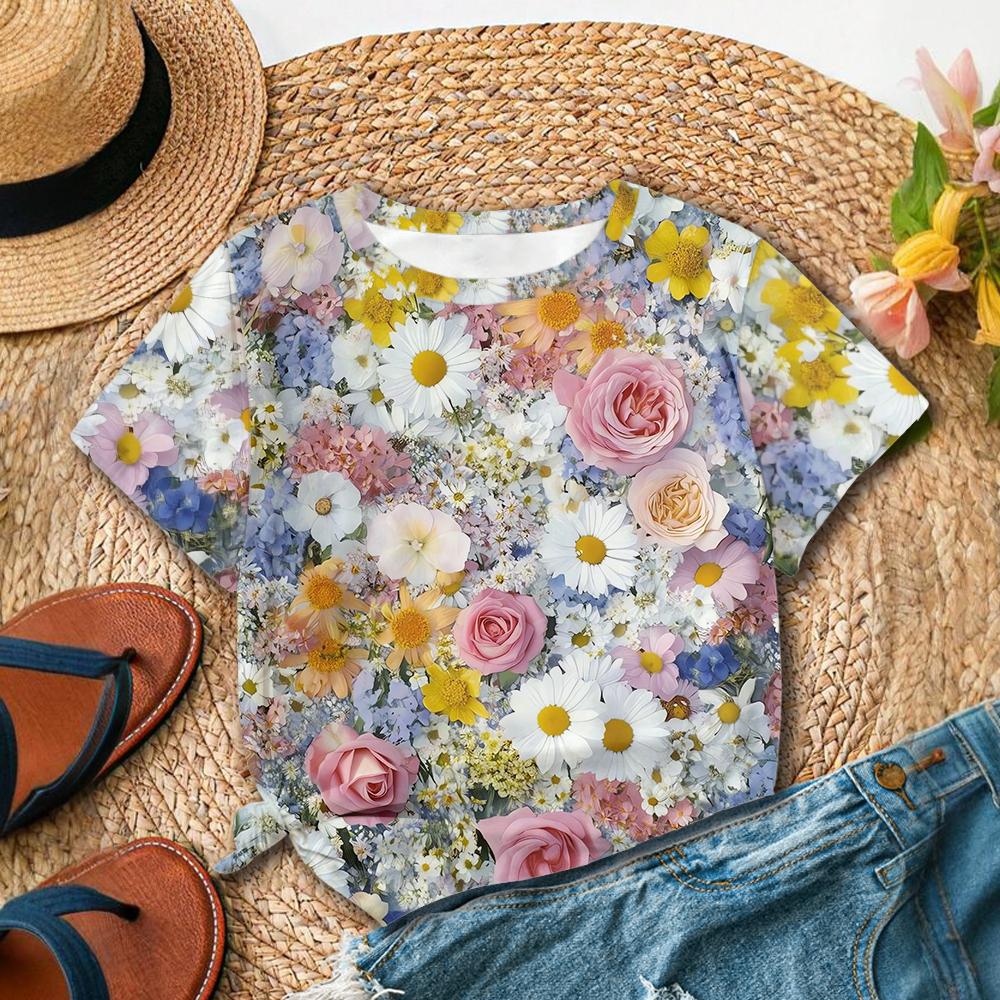 

Летняя женская футболка Цветущее море цветов Красочные цветы Полная печать Женский досуг Универсальный топ с коротким рукавом L