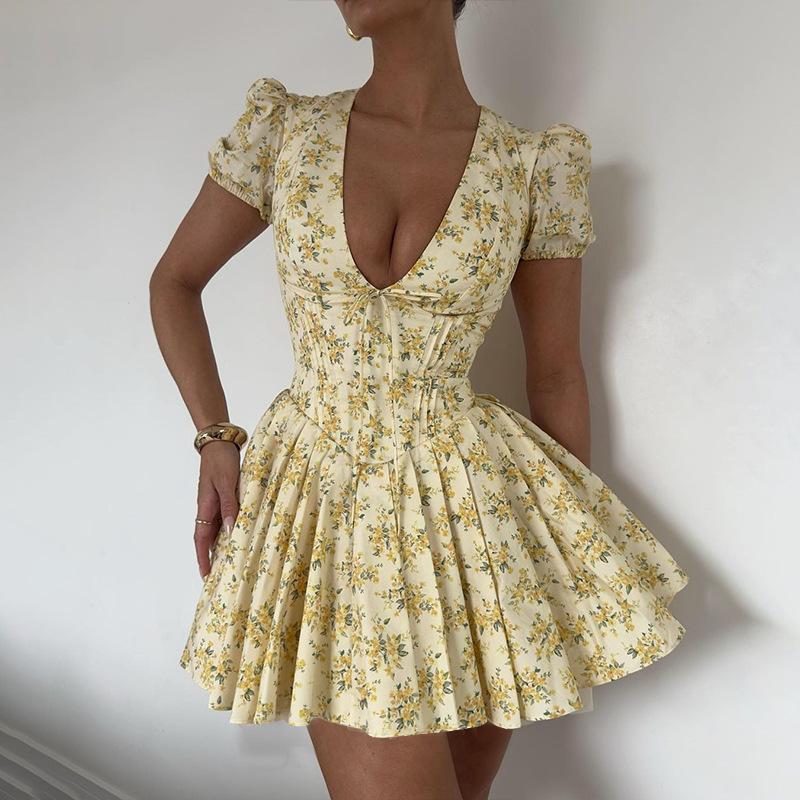 Nuevo Vestido Mini Corsé Estilo Francés para Mujer Escote en V Profundo Mangas Abullonadas Falda Línea A con Elegante Estampado Floral Opciones de Color Sólido para Citas de Brunch Fiestas