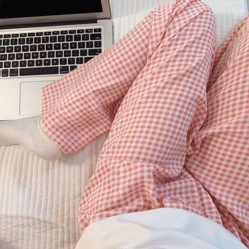 Dopamin Karomuster Weitbeinige Damen Hose - Frühling/Herbst, Hohe Taille, Gerades Bein, Lässig