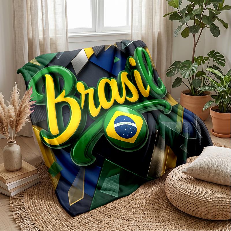 Brazil Football Printed Flannel Blanket Skin Friendly Warm Decorative Throw for Indoor Couch Bed Daily Use