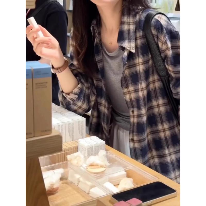 2025 Autumn/Winter Women s Loose Plaid Shirt Jacket - Korean Style Navy Chic Long Sleeve S темно-синий