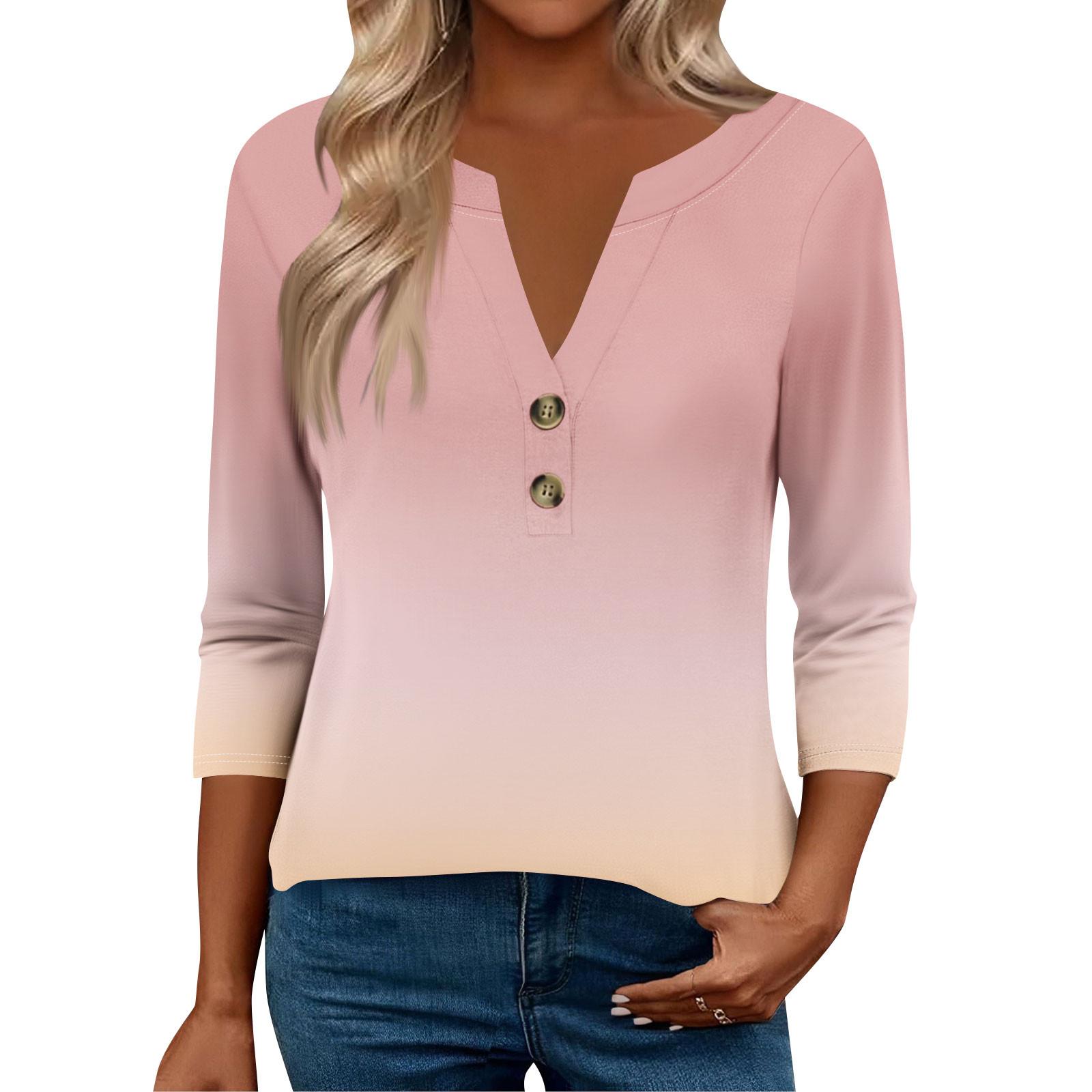 

Женские топы с рукавом 3/4 для женщин, топы хенли на пуговицах с V-образным вырезом, нарядные летние женские топы свободного кроя M