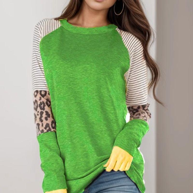 Cross-Border Fashion Autumn New round Neck Stripes Leopard Print Print Contrast Color Raglan Sleeve Long Sleeves T-shirt Women's Fashion All-Matching