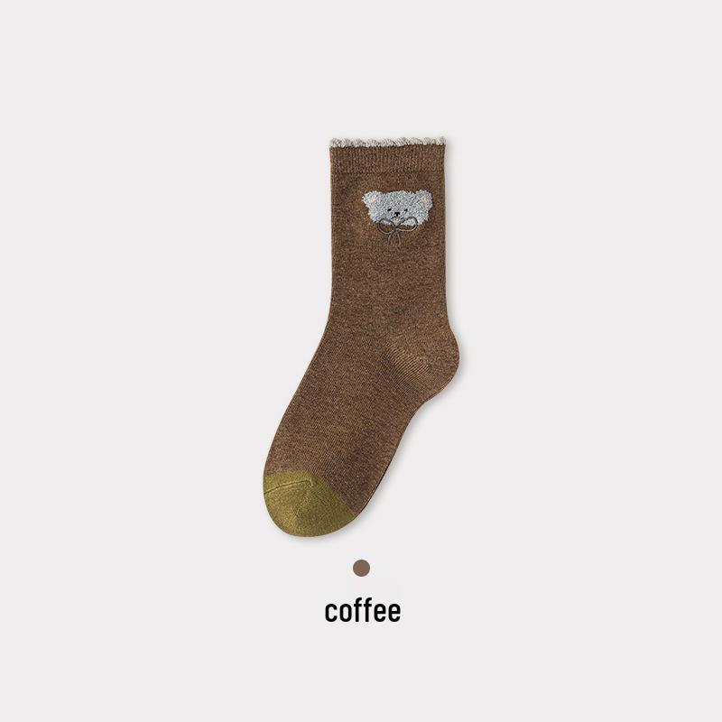 Women's Retro Embroidery Bear Socks - Thick Cotton, Breathable, Half-Fleece, Mid-Calf, Autumn/Winter.