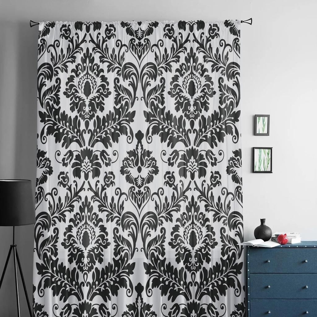 Black And White Pattern Baroque Curtain Tulle Decorative Sheer Curtains for Living Room Bedroom Kitchen Hotel Home Window Panels