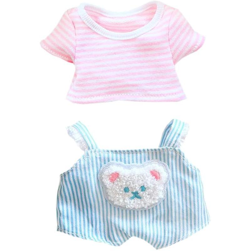 Niannyyhouse 20cm Plushie Doll Clothes Bear Overalls Striped T-Shirt Kpop Doll Clothing (Yellow)