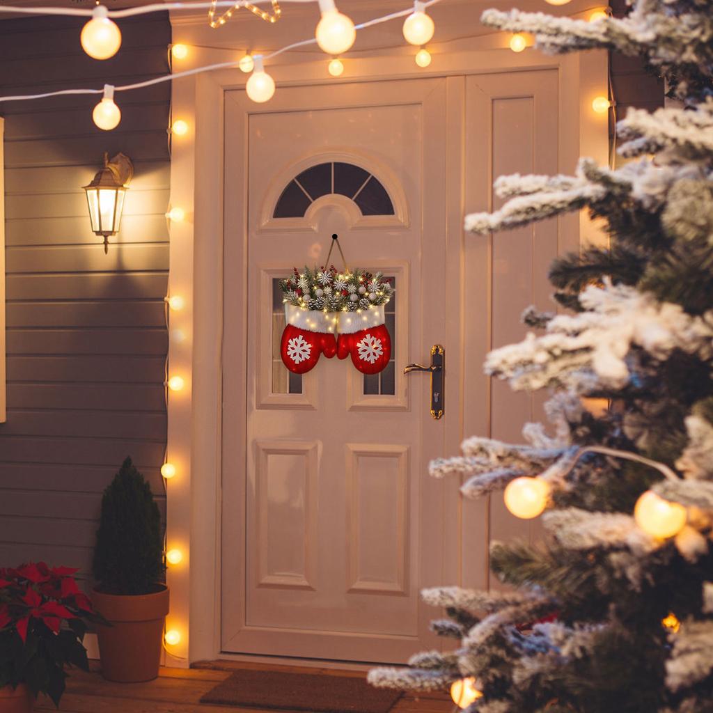 Twinkling Christmas Mitten Wreath, Christmas Lighted Werath Front Door Artificial Garland, Christmass Balls Hanging For Par