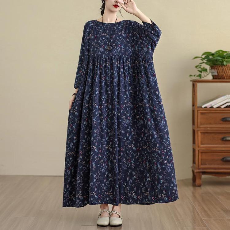 Spring Floral Print Vintage Maxi Dress Long Sleeve Loose Oversize Casual Basic Long Dress for Women Plus Size